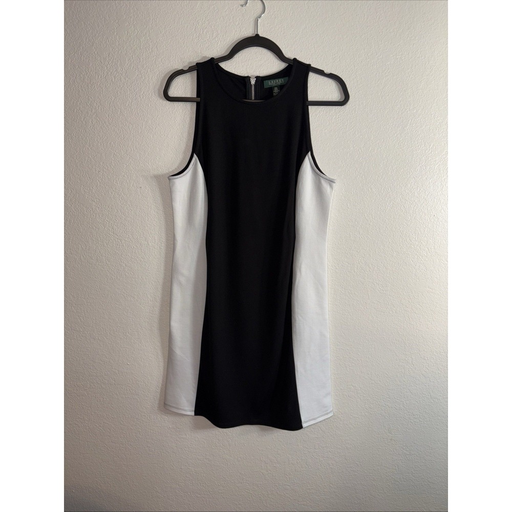 LAUREN RALPH LAUREN Black/White Dress Petite Medium Color Block